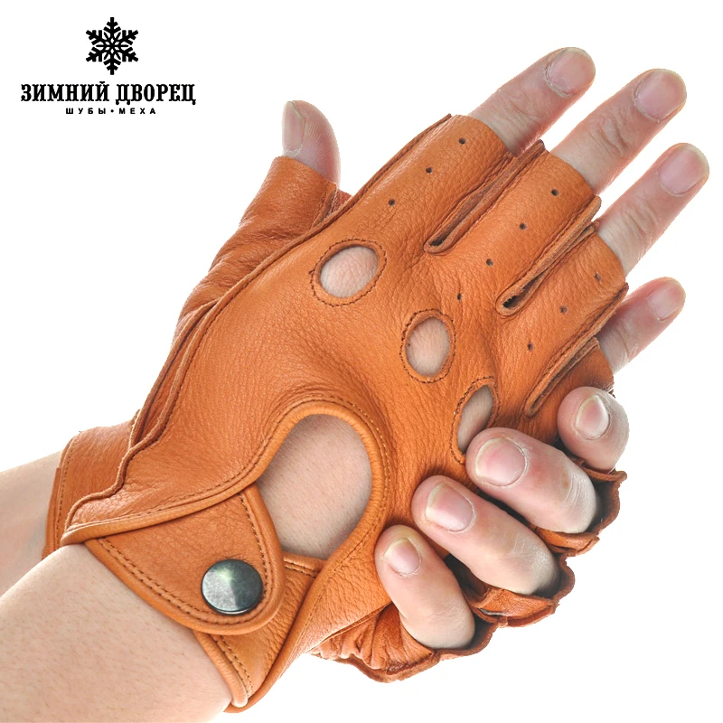 Мода кожаные перчатки мужчин без пальцев черный овчины мужские Панк стиль Полую