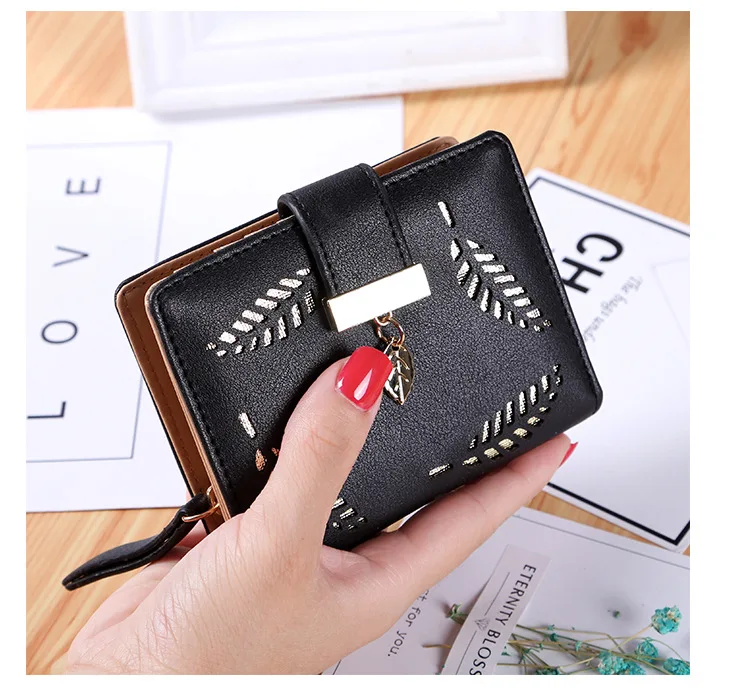 New Women Wallets Short Wallet Ladies Zipper Buckle Hollow Leaf Purse Wallet Female Women Zipper Purse Card Holder Cartera Mujer
