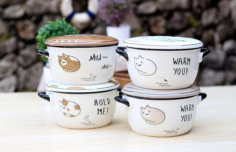 OUSSIRRO мультяшная кошка креативная миска для лапши с крышкой керамическая чаша Милая Студенческая чаша для супа