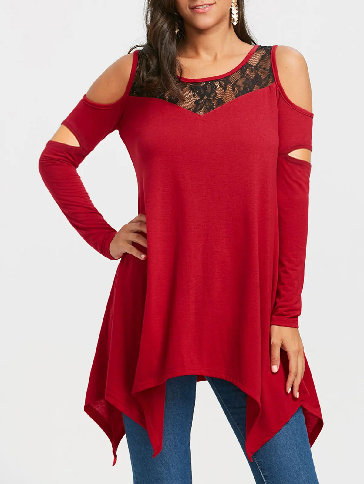 VESTLINDA женская футболка-туника с длинным рукавом открытыми плечами топы футболки