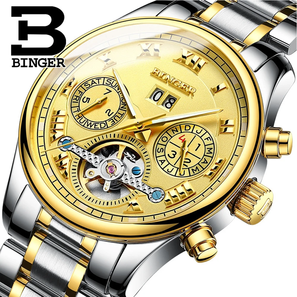 

BINGER Tourbillon Men's Watches Mechanical Automatic Watch Mens Top Brand Luxury Leather Watch Military Men Clock Relogio