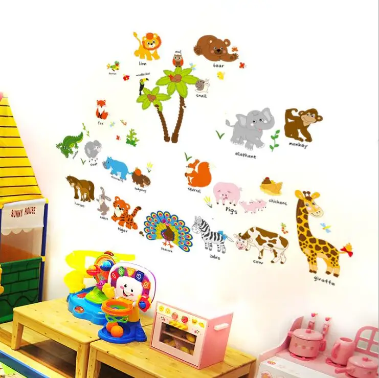 Cartoon Animal Wall Sticker Friends Stickers For Kids Rooms English Letters Decal Nursery Decor SK9296 | Дом и сад