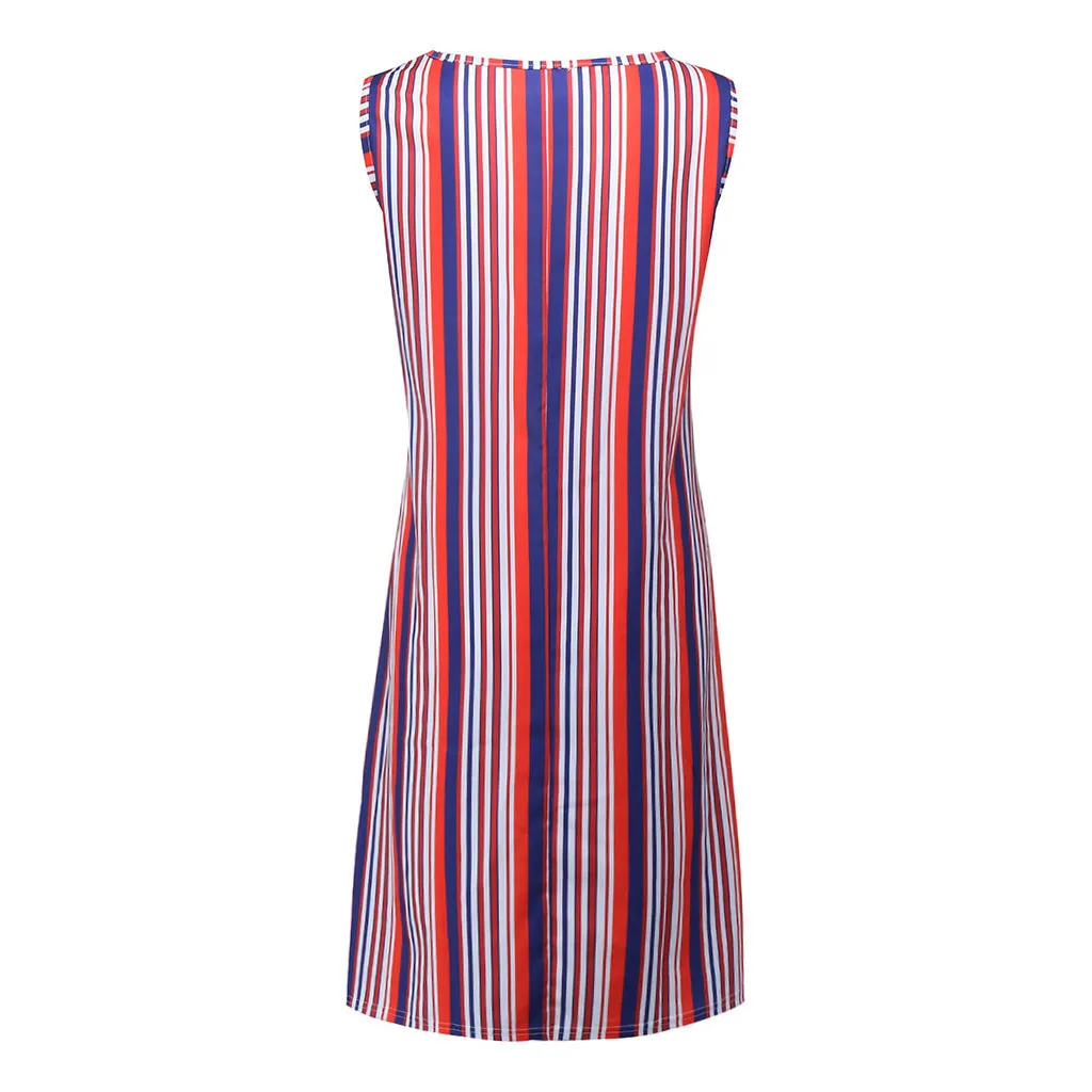 Женское свободное платье в полоску с круглым вырезом и карманами повседневные