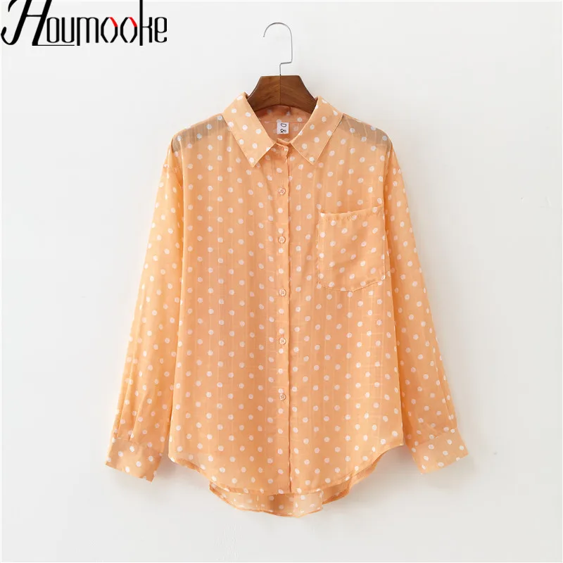 Женская шифоновая блузка с длинным рукавом HMK летняя тонкая рубашка в горошек