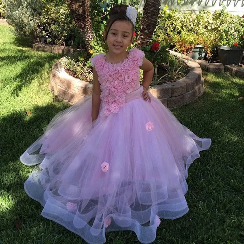

Princess Lace Appliques Flowers Kids Pageant Ball Gowns Puffy communion dresses for girls flower girl dresses for weddings
