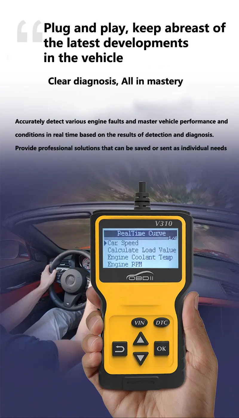 VXDAS V310 автомобильный считыватель кодов Авто AD310 OBD2 сканер V1.1 16pin мужской двигатель охлаждающей жидкости Temp Автомобильный датчик скорости OBDII диагностический инструмент