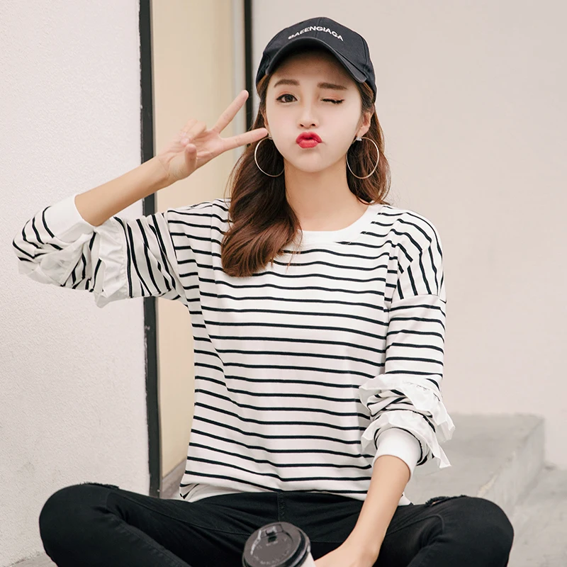 Gkfnmt Striped Petal Sleeve Floral Tshirt 2018 Autumn T Shirt Women Long Tee Femme Loose O-Neck Korea Top | Женская одежда