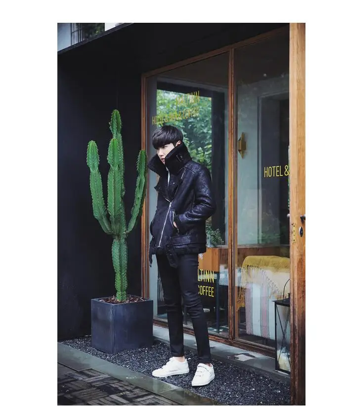 Harajuku толстые теплые косая молния уникальный дизайн мужские замшевые пиджаки пальто с меховой подкладкой зимняя кожаная куртка для мужчин плюс бархат