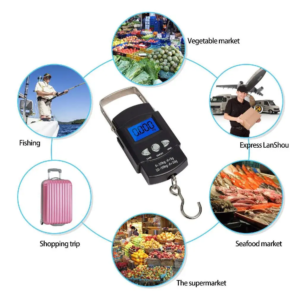 None LCD 110lb/50kg Portable fishing grip Electronic Scale with Tape Practical Fishing Tool tape measure home | Спорт и развлечения