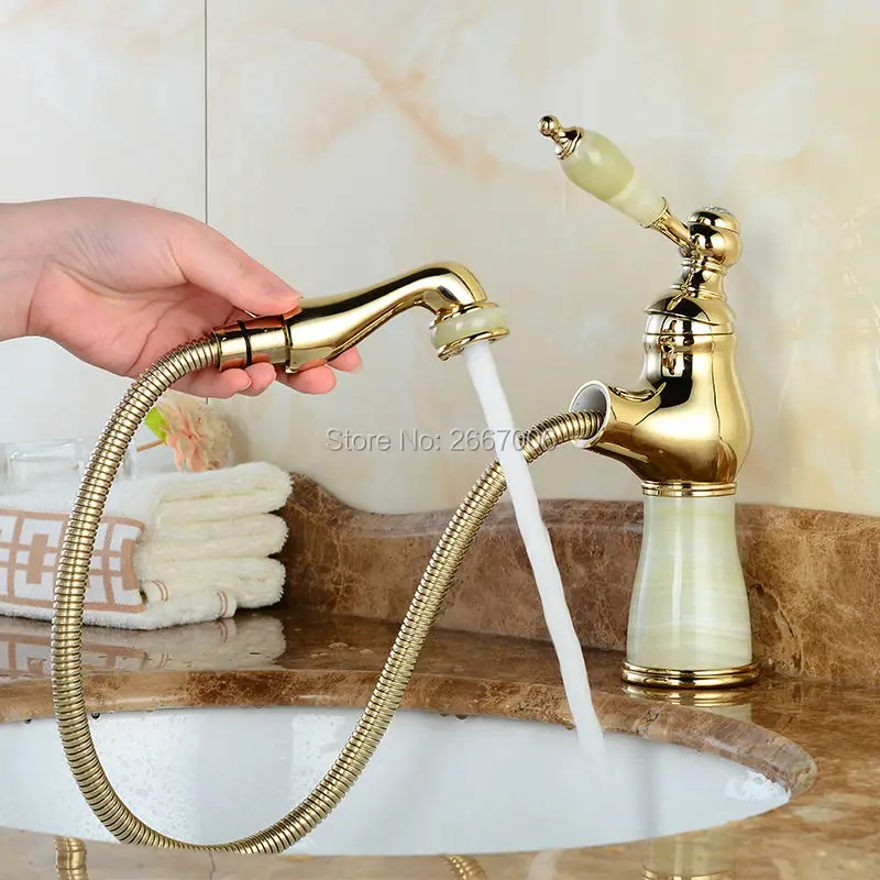

Free Shipping High Level Basin Tap Brass Golden Bathroom Faucet Marble Faucet Pull Out Sprayer Washing Basin Water Taps ZR815