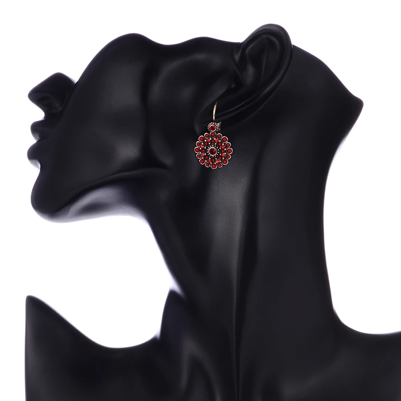 

Shineland 2020 New Vintage Ethnic Red Black 2 Color Flower Brincos Lady Charms Rhinestones Drop Earrings For Women Bijoux Gift