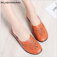 summer women slippers handmade genuine leather mother slippers color matching retro hollow flat slippers plus size 35 43