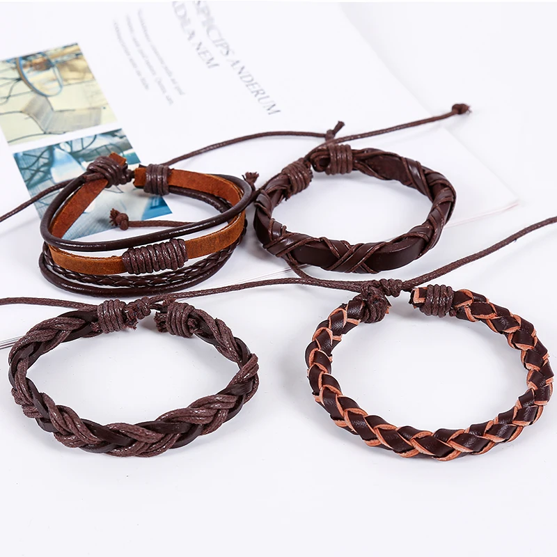 4 шт./компл. хиппи панк шнур обруч узелки коричневый черный кожаный бежевый