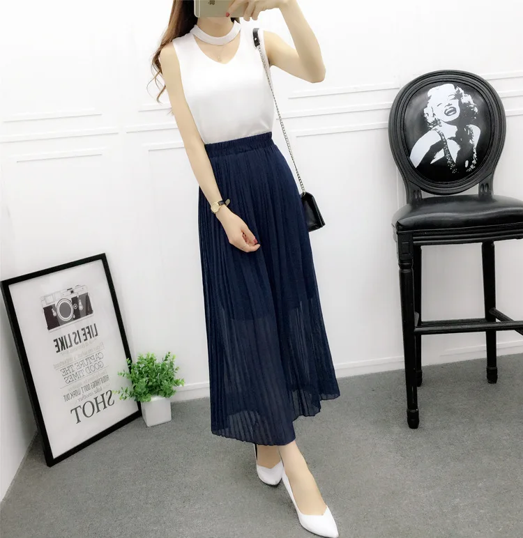 

Womens Trousers 2017 Summer Fashion Chiffon Pants Loose Casual Solid Color High Waist Pants pleated Wide Leg Pants Female Bottom
