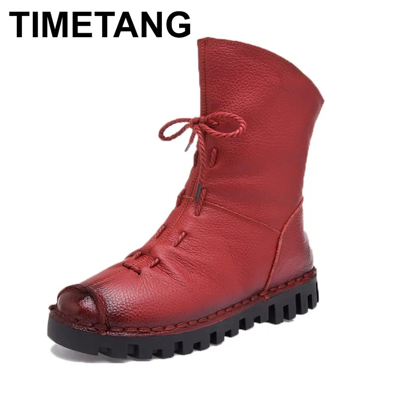 

TIMETANG Handmade Classics Genuine Leather High Boots Women Mid-Calf Boots Retro Zipper Solid Autumn Winter Boots Female Shoes