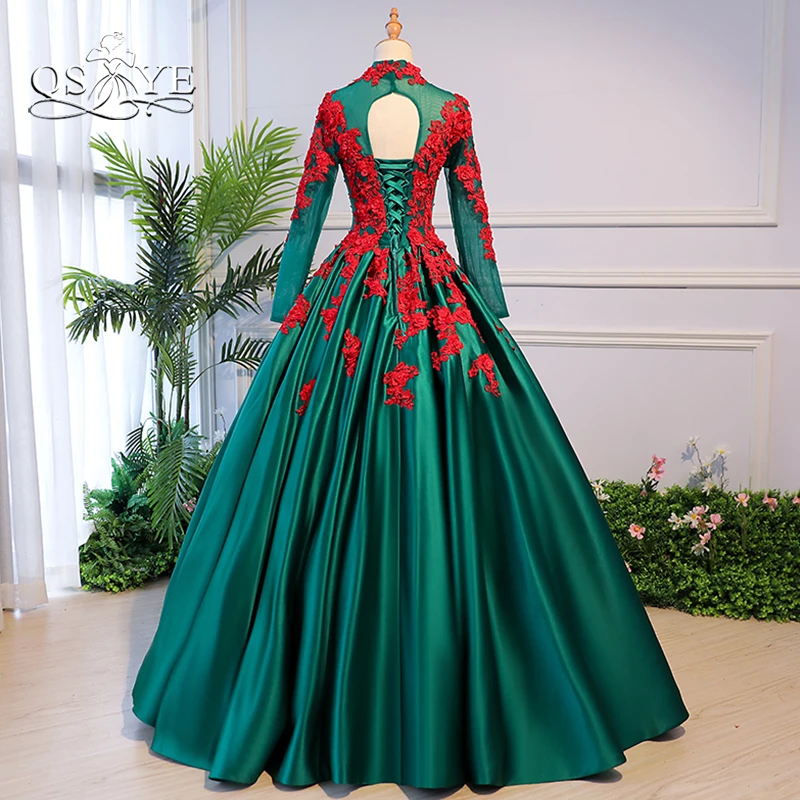 QSYYE 2019 Ball Gown Prom Dresses Red Lace with Beads Long Sleeves Green Satin Floor Length Formal Evening Dress Party Gowns | Свадьбы и