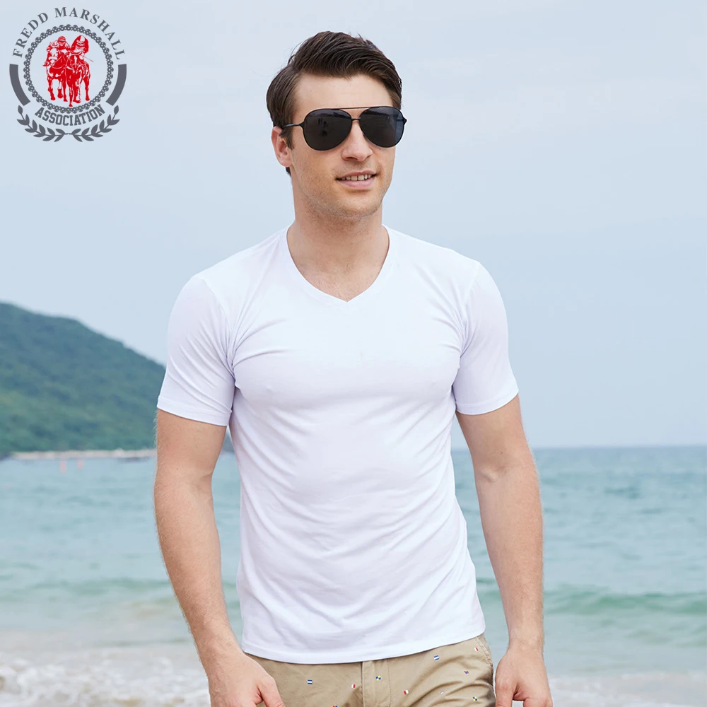 Fredd Marshall Men T Shirt Solid Tops Tees Short Sleeve T-shirt Men's Brand Fashion V Neck Cotton 2018 New Arrive | Мужская одежда