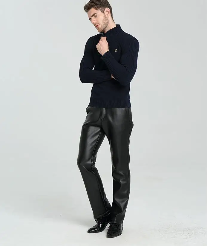 Plus velvet thickening loose waterproof winter personality fashion motorcycle faux leather pants mens feet pu trousers men | Мужская