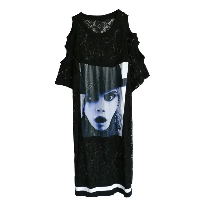 Vefadisa Appliques Dress for Women 2018 See-Through Clothing Off Shoulder Black Lace Short Sleeve Plus Size AD1638 |