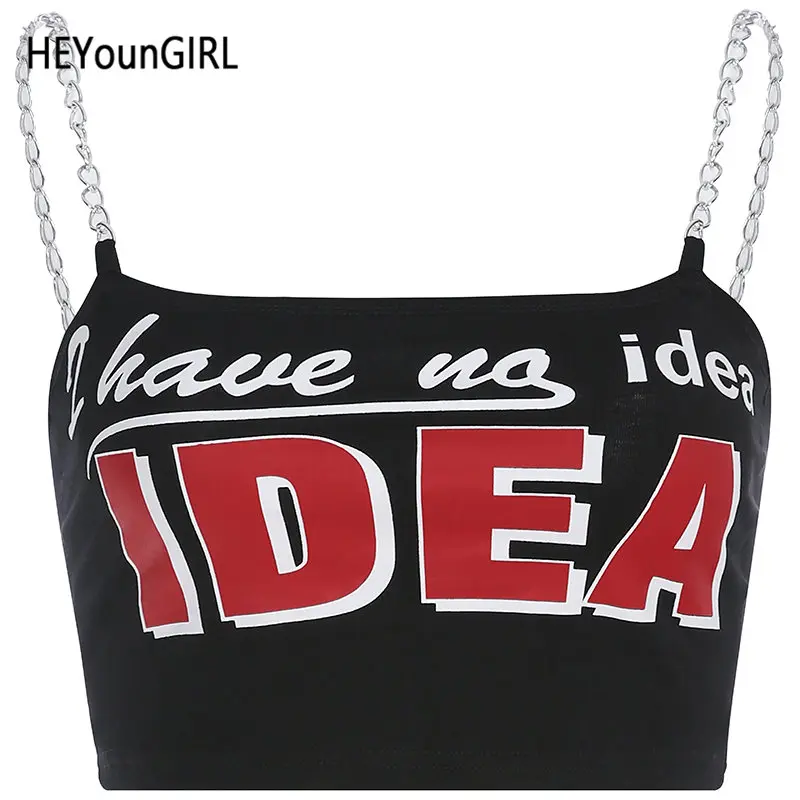 Черный HEYounGIRL Harajuku панк женский короткий топ сексуальный Печатный Черный топы без рукавов лоскутные цепи спагетти ремень Топ Лето - Цвет: Черный