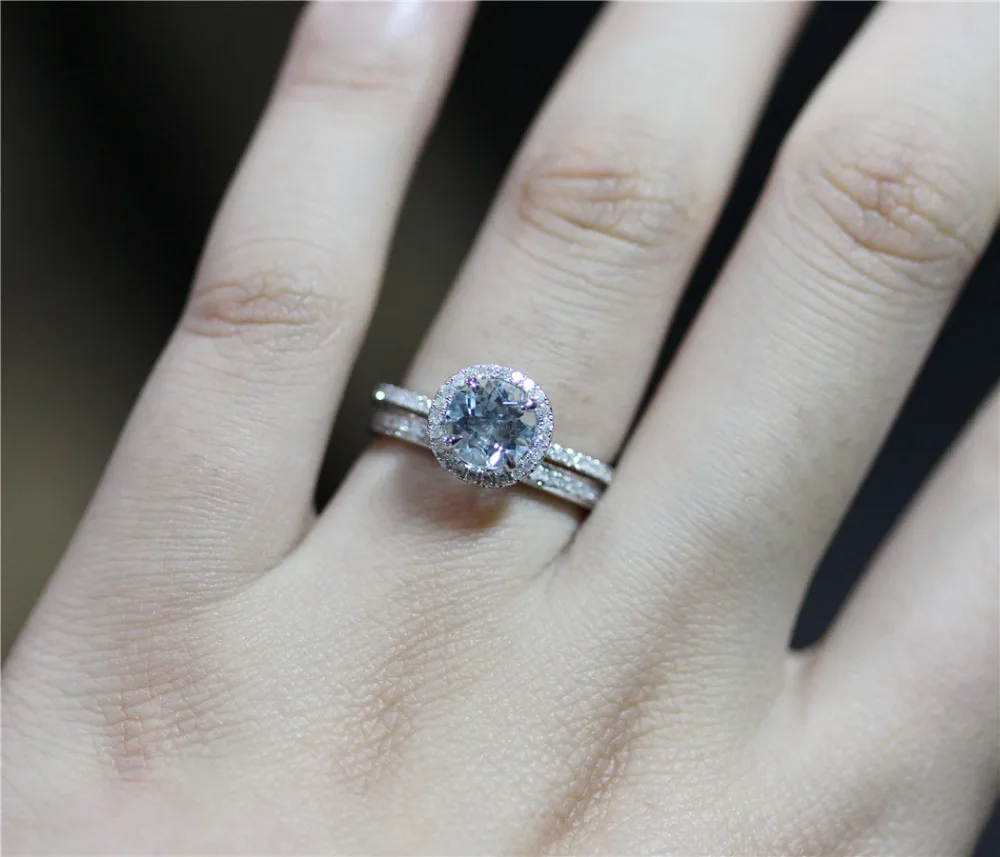 

DUPUY 7MM Round Cut Aquamarine Engagement Ring Milgrain Bezel Half Eternity Diamonds Wedding Ring Set 14K White Gold Bridal Set