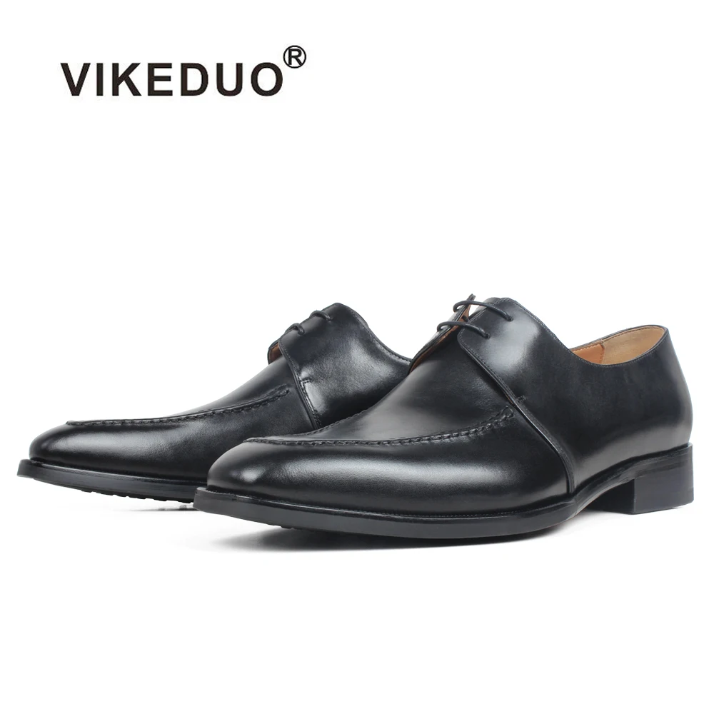 

VIKEDUO Black Calf Skin Derby Dress Shoes Genuine Leather Wedding Office Men's Shoes Flat Brand Handmade Formal Zapato Hombre