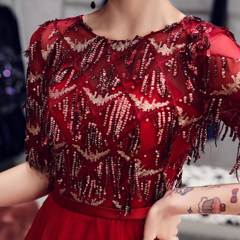 wei yin 2020 Robe De Cocktail Courte Tasse Elegant A Line Short Sleeve Tulle Dresses Wine Red Formal Party Gowns WY1608 | Свадьбы и