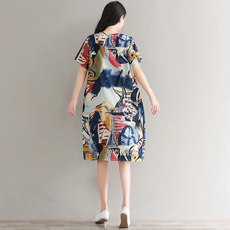 4XL размера плюс летнее платье для женщин Ретро стиль с рисунком хлопковые платья