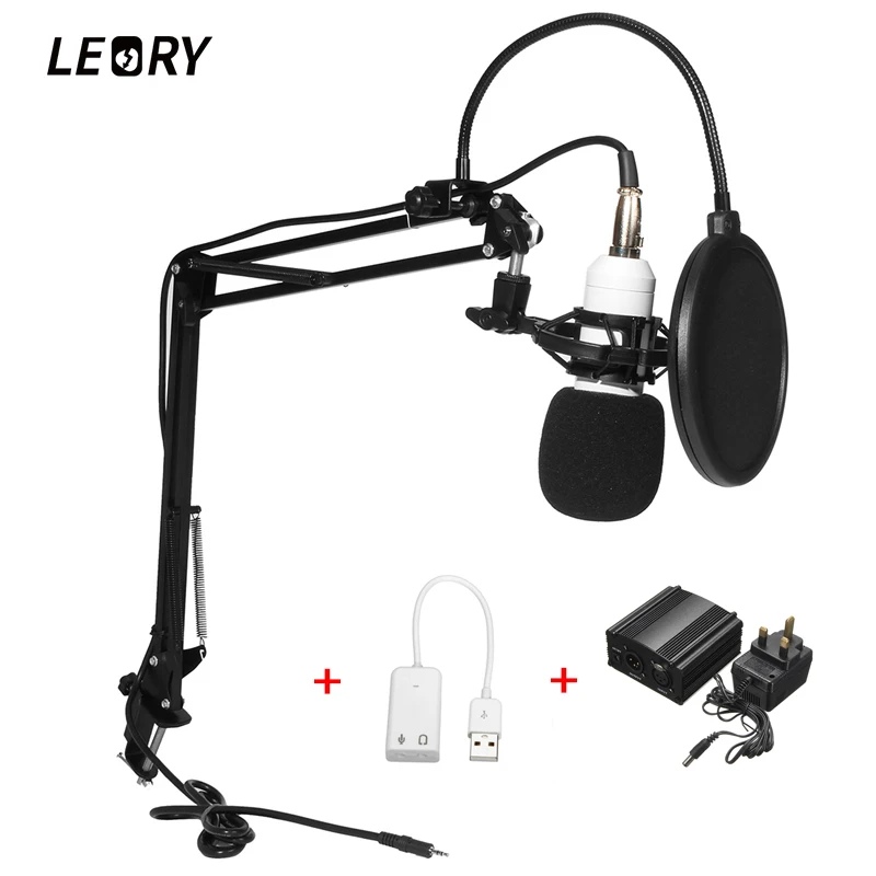 LEORY BM 800 караоке конденсатор с алюминиевой крышкой, конденсаторный микрофон+ 48V Phantom Мощность+ Звуковая карта с интерфейсом USB для ПК Запись Studio КТВ пение - Цвет: 48V Power UK 220V