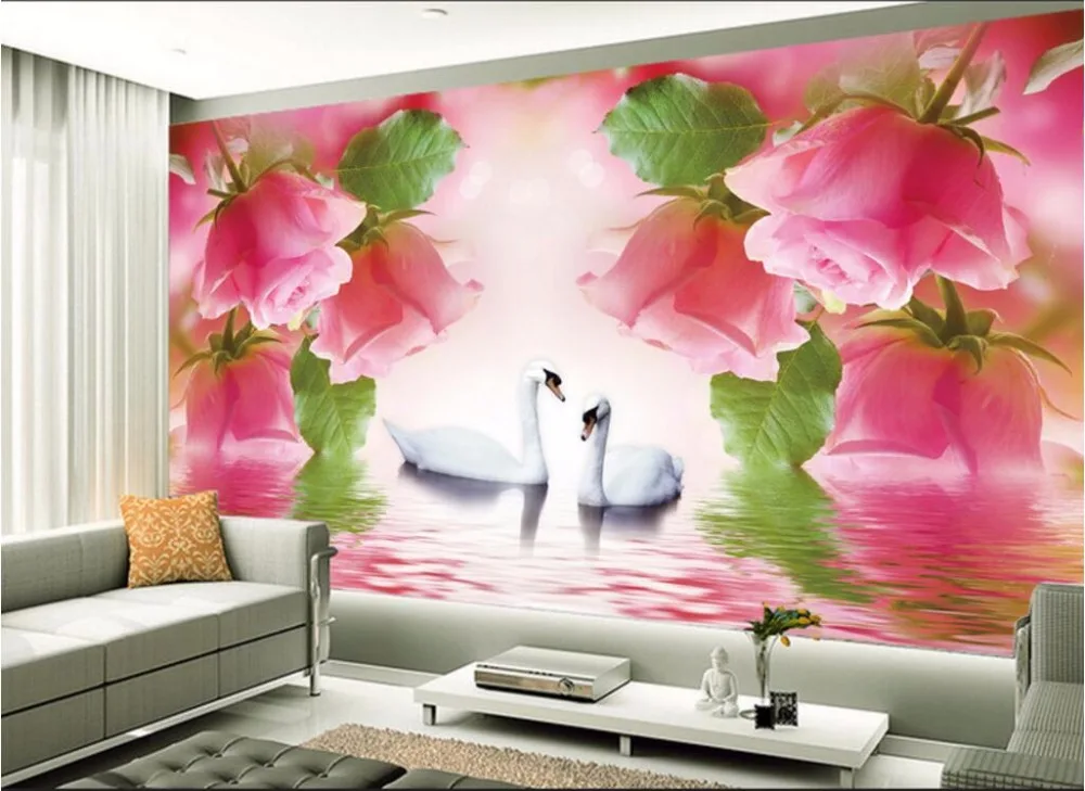 Настенные 3D-обои на заказ картина с изображением лебедя розовых роз настенные 3d