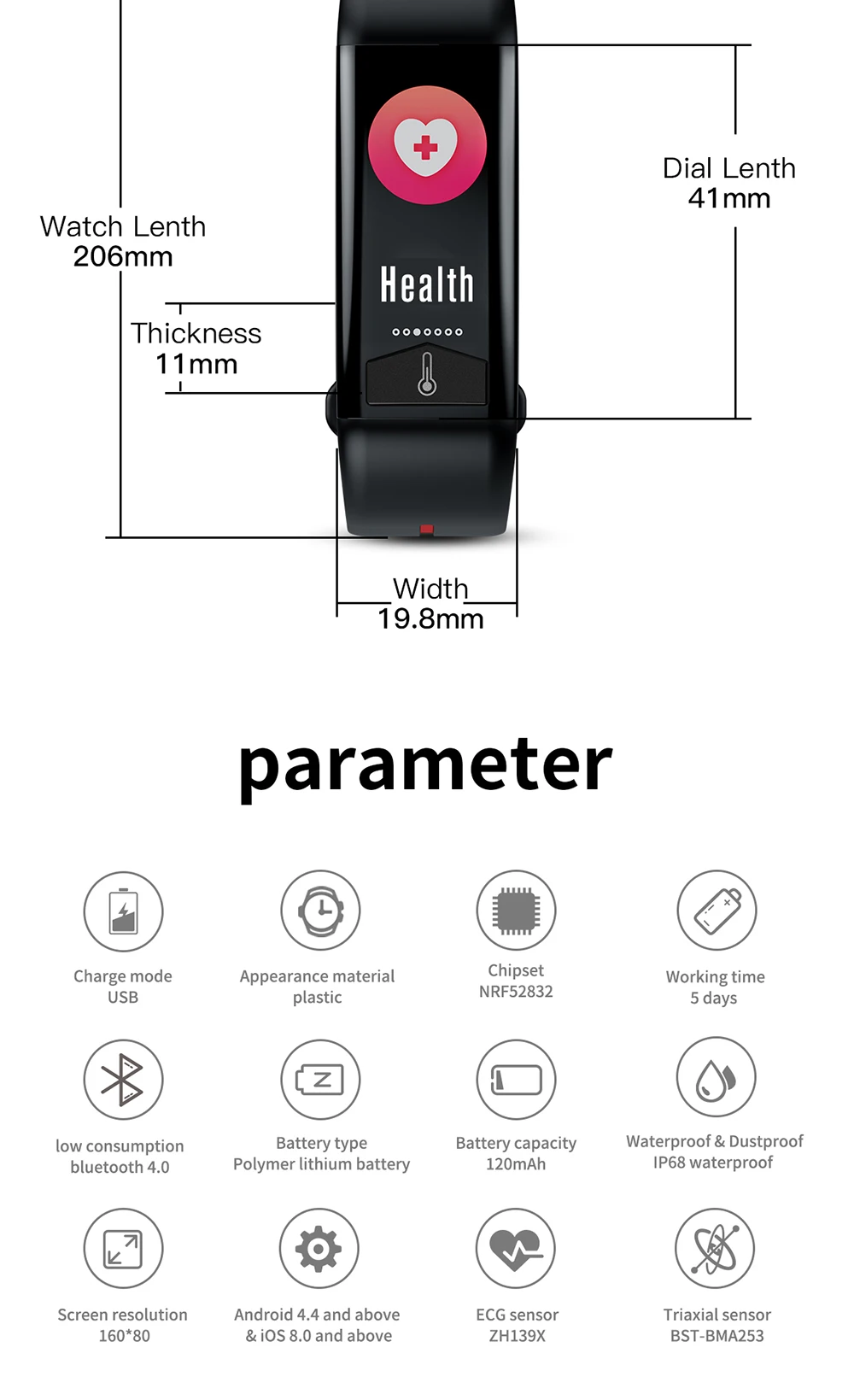 JingTider T02 ЭКГ PPG смарт-браслет измерение температуры тела умный Браслет пульсометр кровяное давление кислородный монитор трекер