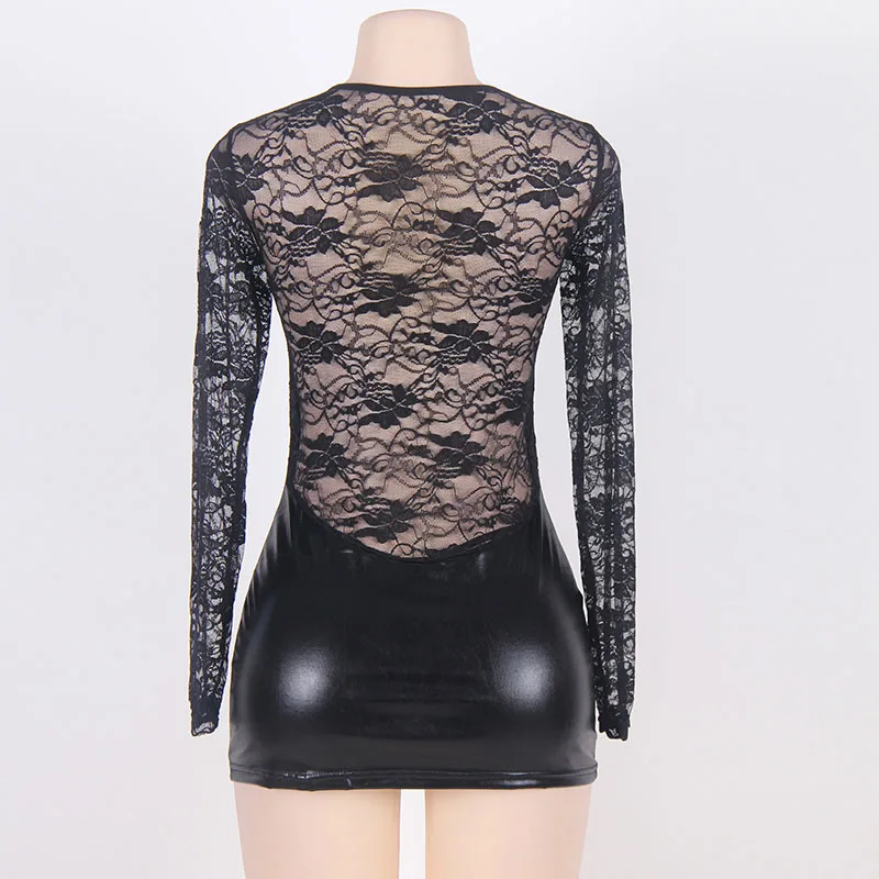 

Hot Sexy Women Lingerie Lace Faux Leather Dress Ropa Sexy Mujer Erotica O-Neck Long Sleeve Translucent Plus Size Lingerie