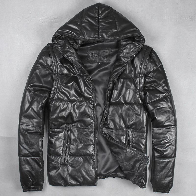 

FREE SHIPPING Mens Hooded Sheepskin Leather Down Jacket Thick Black Pilot Leather Smart Casual Coats Short Slim Feather Dress