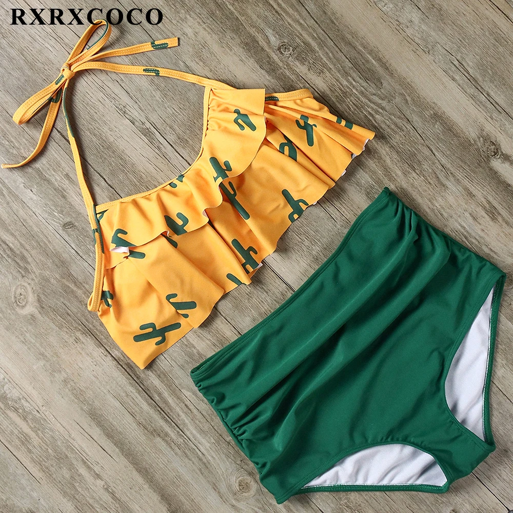 RXRXCOCO, винтажный комплект бикини с оборками, сексуальный купальник, женский купальник, высокая талия, купальник, пуш-ап, бандо, бразильские бикини