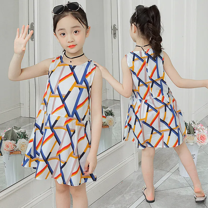 

Summer Dress 2021 Striped Pattern Girls 100% Cotton Sleeveless Princess Dresses O-neck Girls Dress 4 5 7 9 10 to 12 Years Old