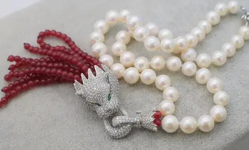 

freshwater pearl white round 9-10mm leopard red bead necklace 18"nature