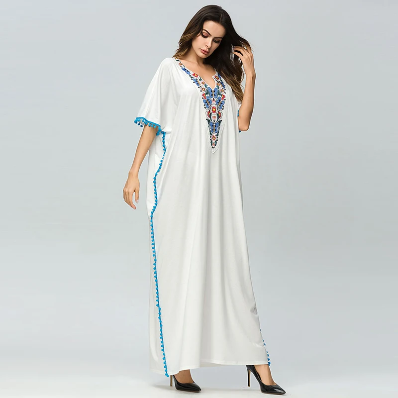 Летние Винтаж Boho пляж белый Платье макси с цветочной вышивкой в богемном стиле