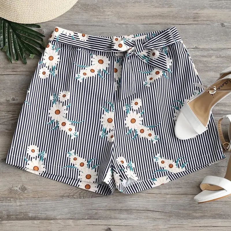 Женские пляжные шорты Boho повседневные свободные в полоску с цветочным принтом и