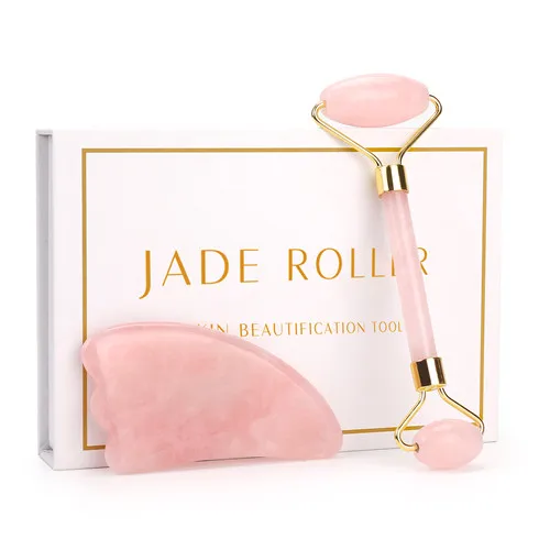Pink set Нефритовый роликовый для похудения Массажер для лица скребковый подтяжка кожи натуральный нефритовый роллер для массажа лица камень омолаживающий набор для ухода за кожей - Цвет: Pink set