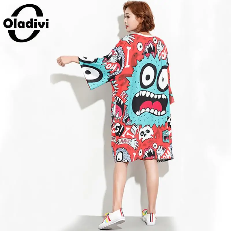 Oladivi/брендовая одежда с модным принтом, большие размеры d, женское Повседневное платье, женские свободные летние новые платья, Длинный топ, рубашка, туника