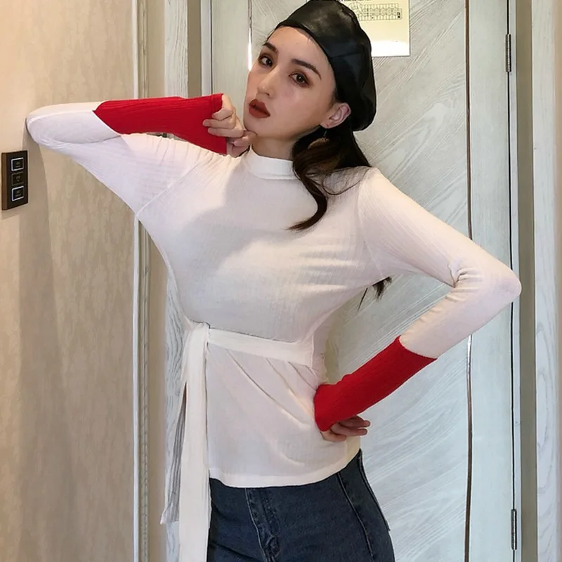 Women's fashion tee shirt outwaer casual tshirt t-shirts funny Long Sleeve Color Block Turtleneck Lace Up Slit Knitted T-Shirt | Женская