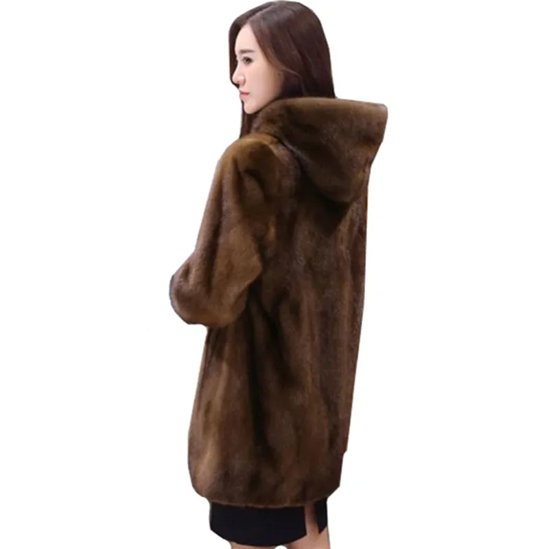 Модная женская куртка с капюшоном пальто мехом Элегантный high-end имитация норки