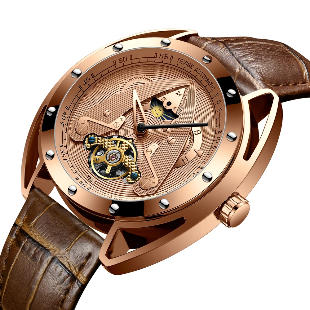 Мужские автоматические механические часы TEVISE Роскошные спортивные Moon phase Tourbillon модные повседневные кожаные новые часы Relogio Masculino