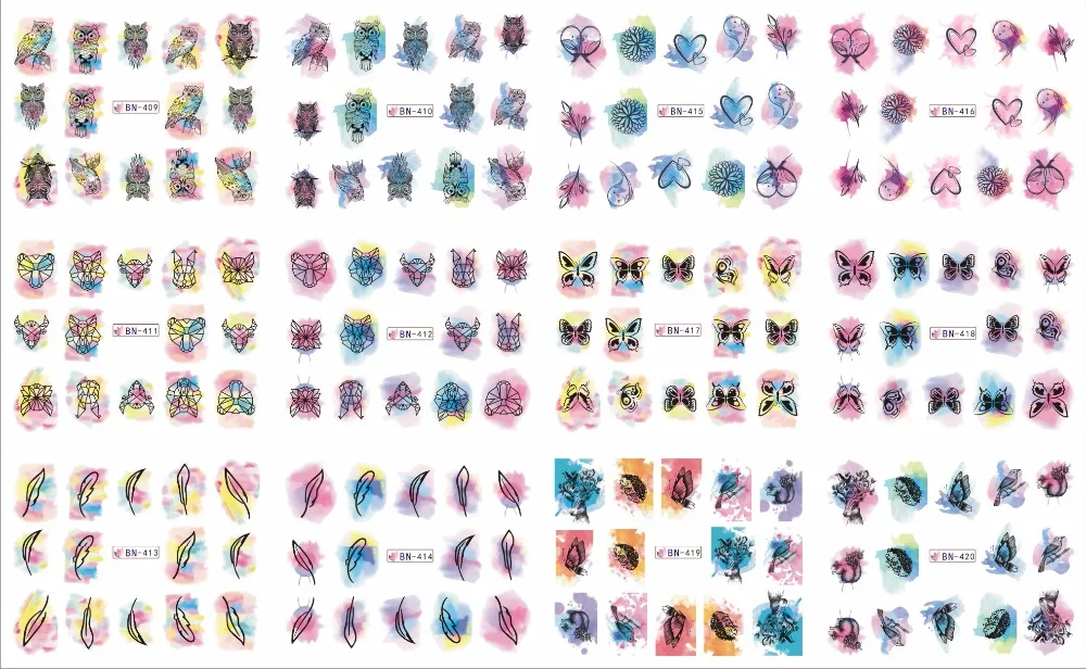 12 упак./лот водная наклейка для дизайна ногтей с полным покрытием Сова птица