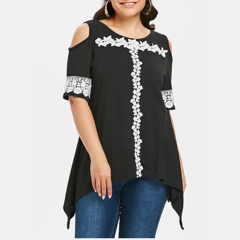 Women Casual Open Shoulder Flower Plus Size Floral Black Short Sleeve Fashion Lace T-shirt | Женская одежда
