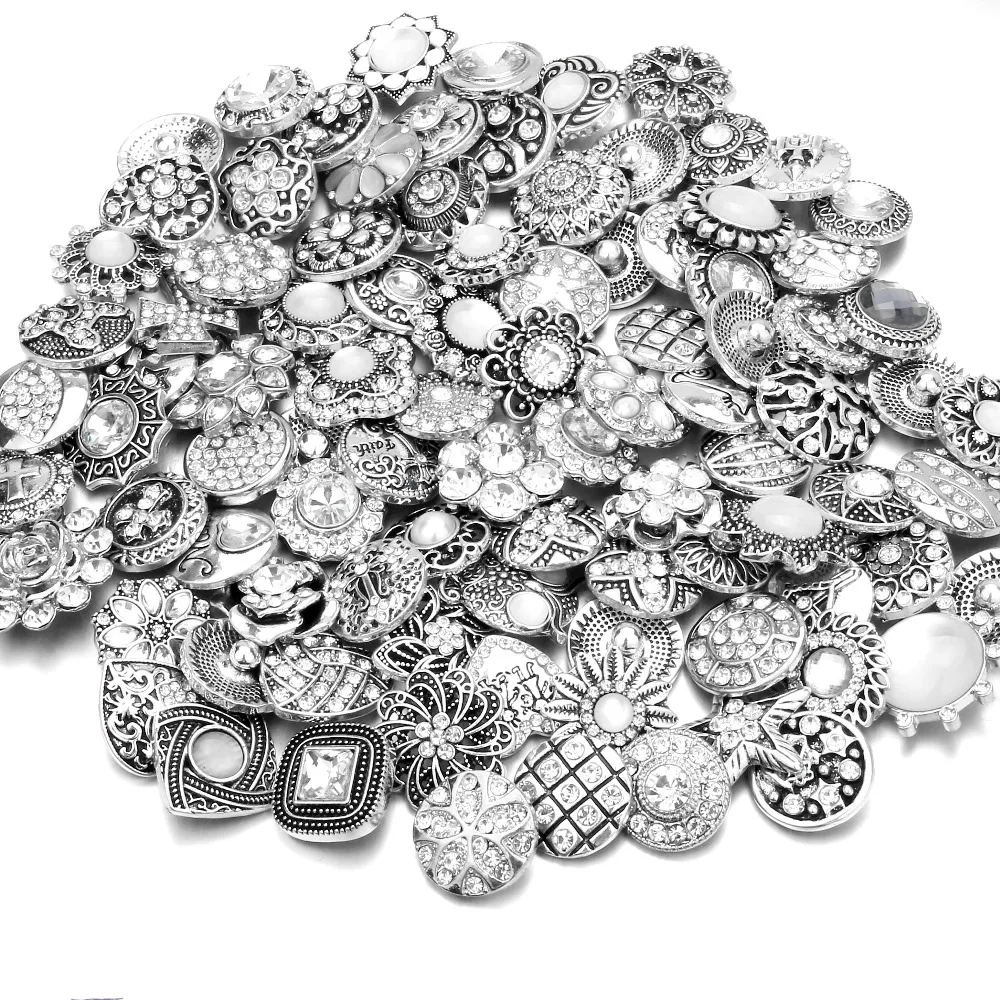 

10pcs/lot High Quality Mix Many Rhinestone Styles Metal Charm 18mm Snap Button Bracelet For women DIY Snap Button Jewelry