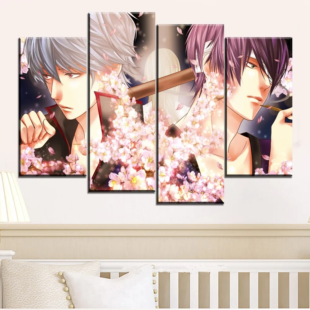 4 панели на холсте с принтом Gintama Samurai анимационный плакат домашний декор один