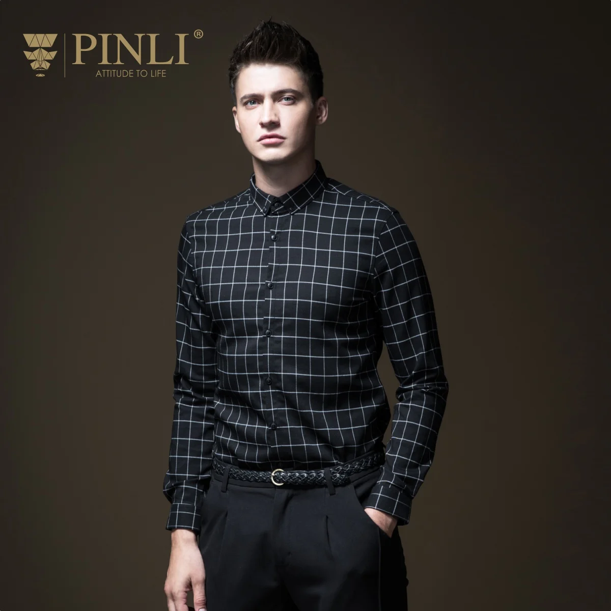 Мужская рубашка с длинными рукавами Camisa Social Masculina Pinli Pin Li новая осенняя в клетку