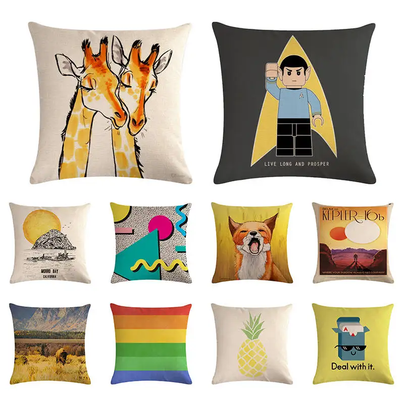 

Yellow Cartoon Animals Fox Giraffe Cushion Cover Cotton Linen Deer Swallow Pillowcase Home Car Sofa Decorative ZY1373
