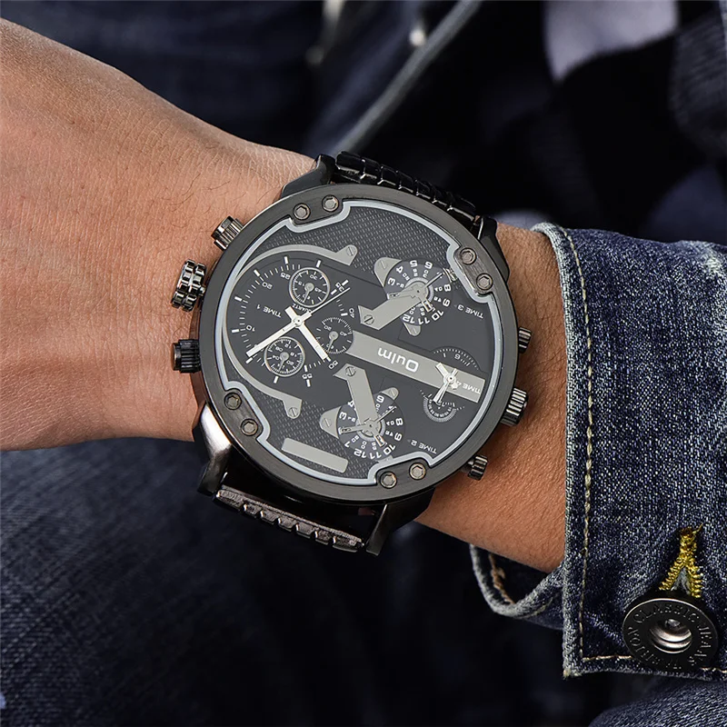 

Oulm Dropshipping HT3548 Big Size Men Wristwatches Two Time Zone Male Quartz Clock Golden Men's Military Watches